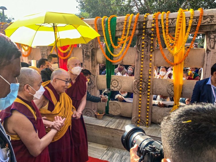 The Dalai Lama: Spiritual Leader, Former Head Of The Country Of Tibet Prays in the Mahabodhi Temple