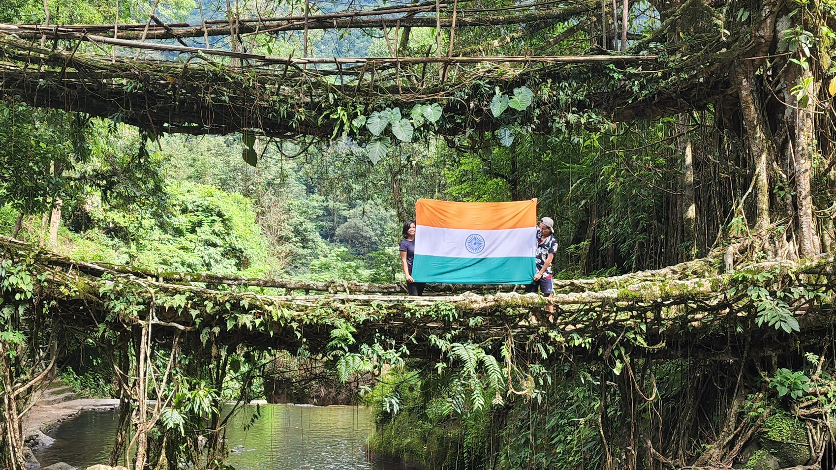 Historic: Meghalaya Proudly Holds The National Flag At The Living Root Bridge